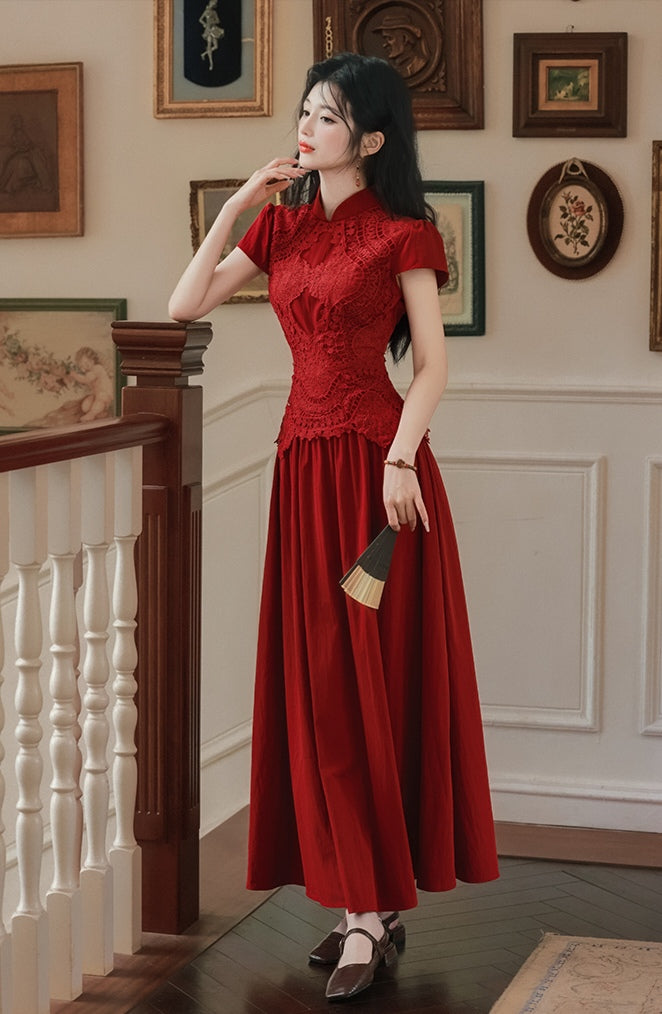 Vintage-Inspired Red Cheongsam with Lace Bodice