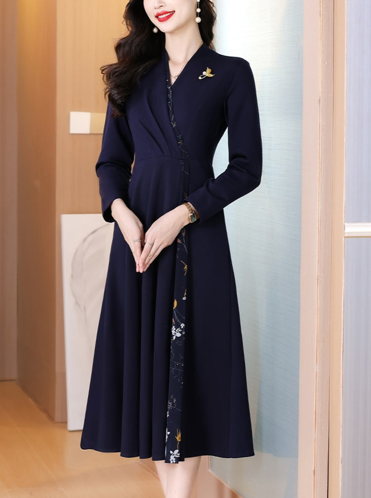 Long Sleeve A-Line Navy Wrap Dress with Side Floral Print Accent