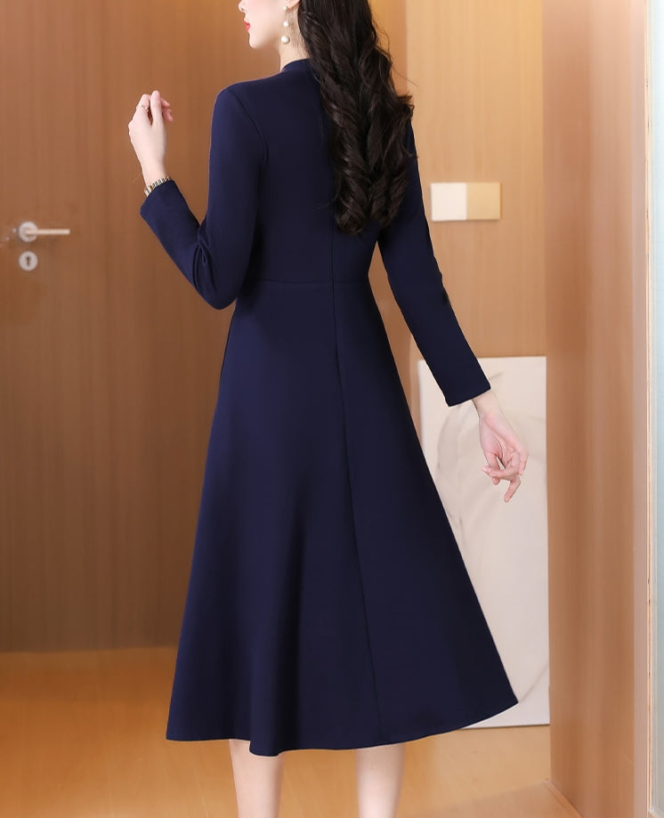 Long Sleeve A-Line Navy Wrap Dress with Side Floral Print Accent