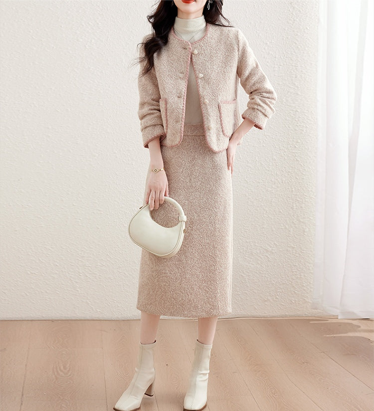 Chic Tweed Round Neck Cropped Jacket & Midi Pencil Skirt