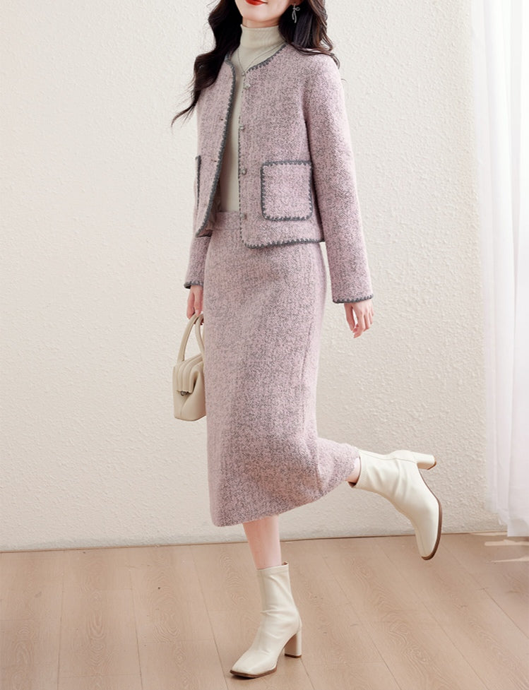 Chic Tweed Round Neck Cropped Jacket & Midi Pencil Skirt