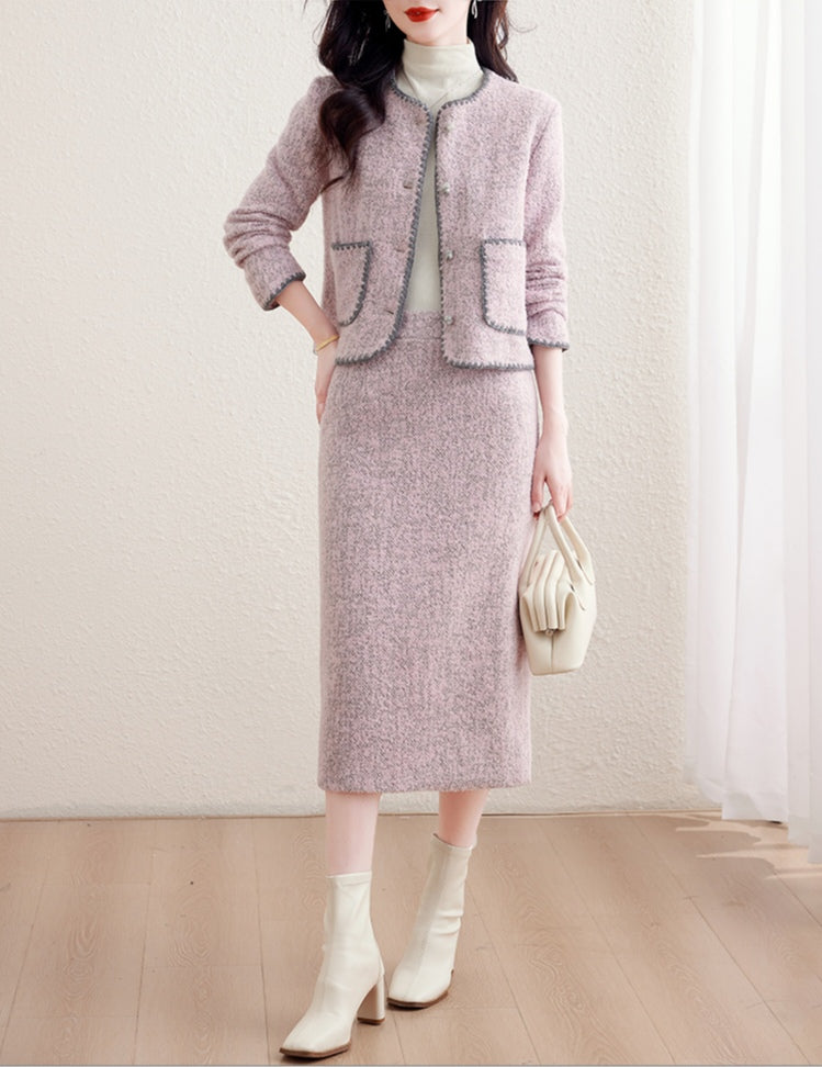 Chic Tweed Round Neck Cropped Jacket & Midi Pencil Skirt