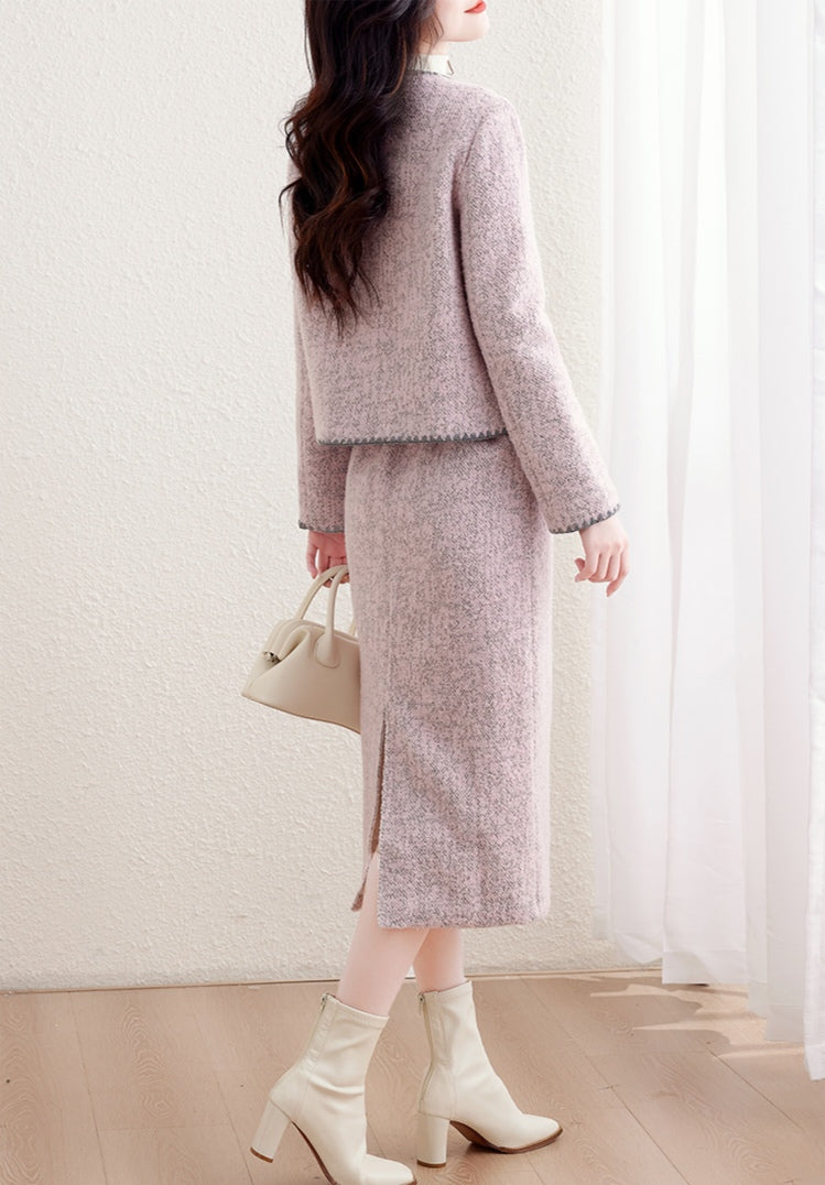 Chic Tweed Round Neck Cropped Jacket & Midi Pencil Skirt
