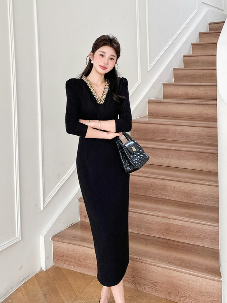 Beaded Little Black Midi Dress