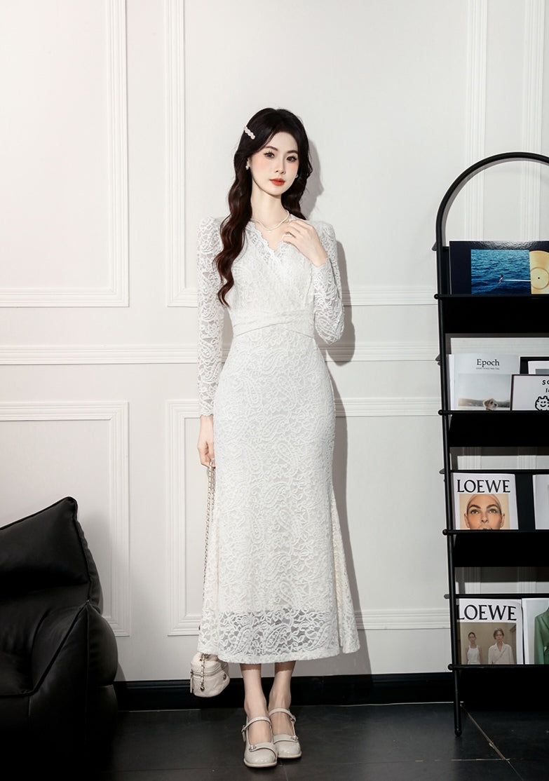 Elegant Lace Formal Wrap Dress Long Sleeve Midi Cocktail Gown