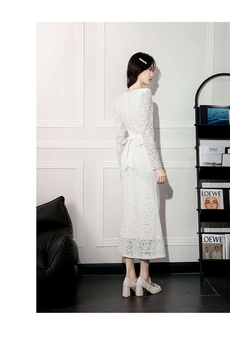Elegant Lace Formal Wrap Dress Long Sleeve Midi Cocktail Gown