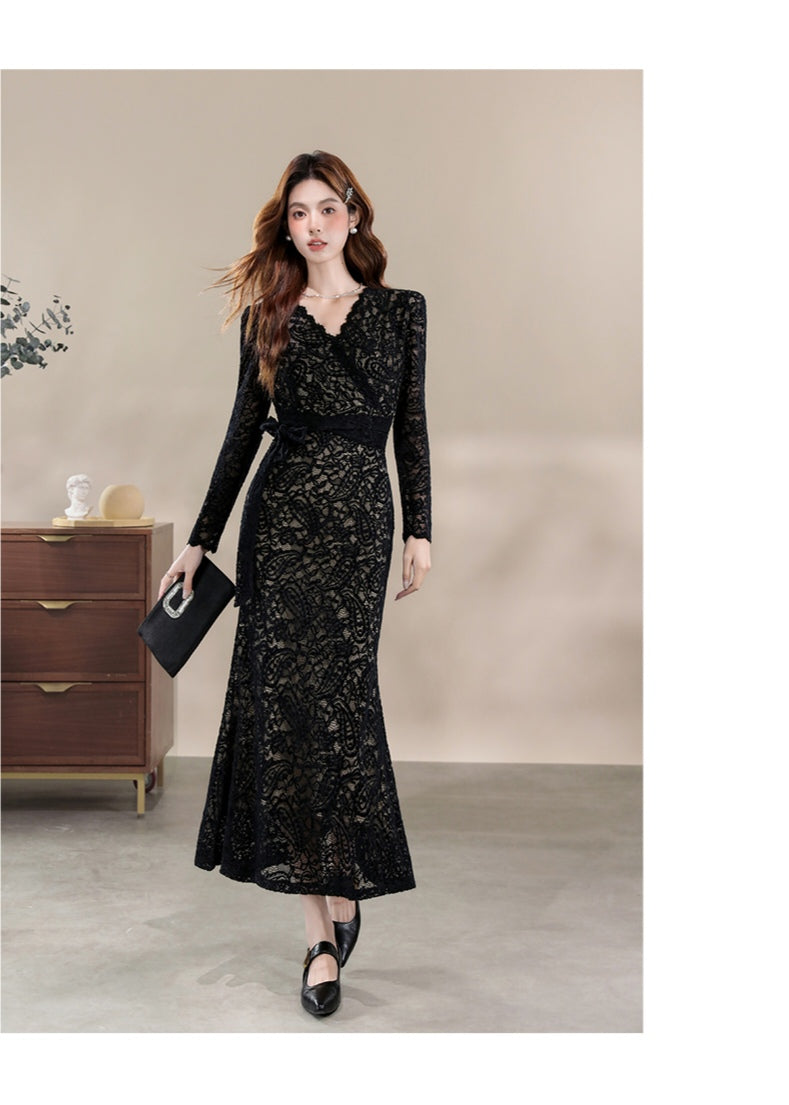 Elegant Lace Formal Wrap Dress Long Sleeve Midi Cocktail Gown