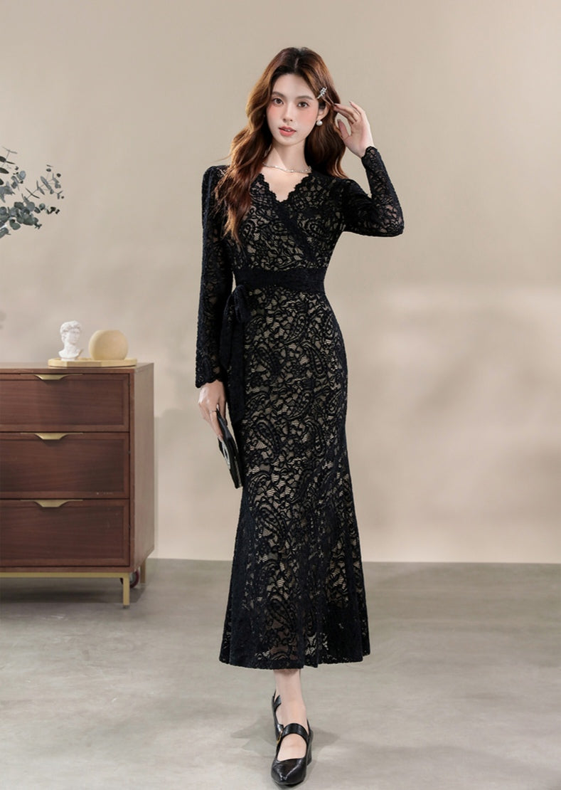 Elegant Lace Formal Wrap Dress Long Sleeve Midi Cocktail Gown