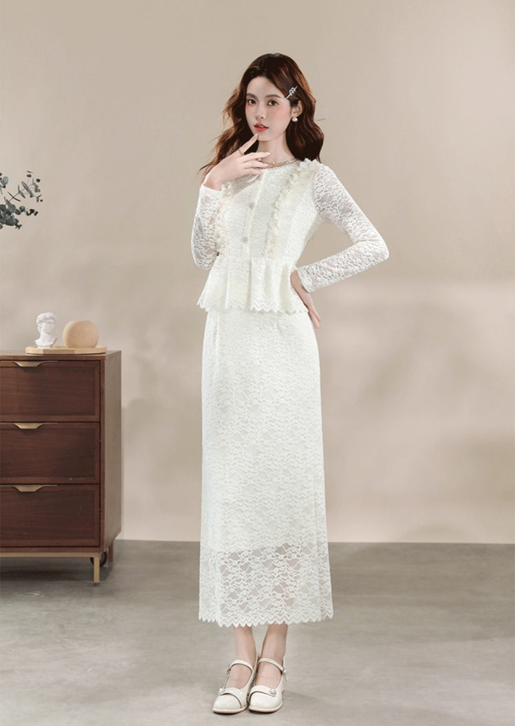 Modest Ivory Lace Co-Ord Set with Ruffled Peplum Blouse and Long Skirt
