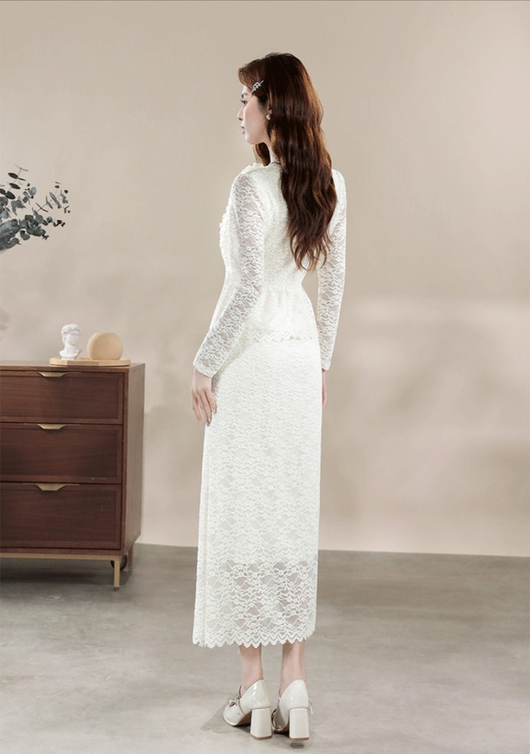 Modest Ivory Lace Co-Ord Set with Ruffled Peplum Blouse and Long Skirt