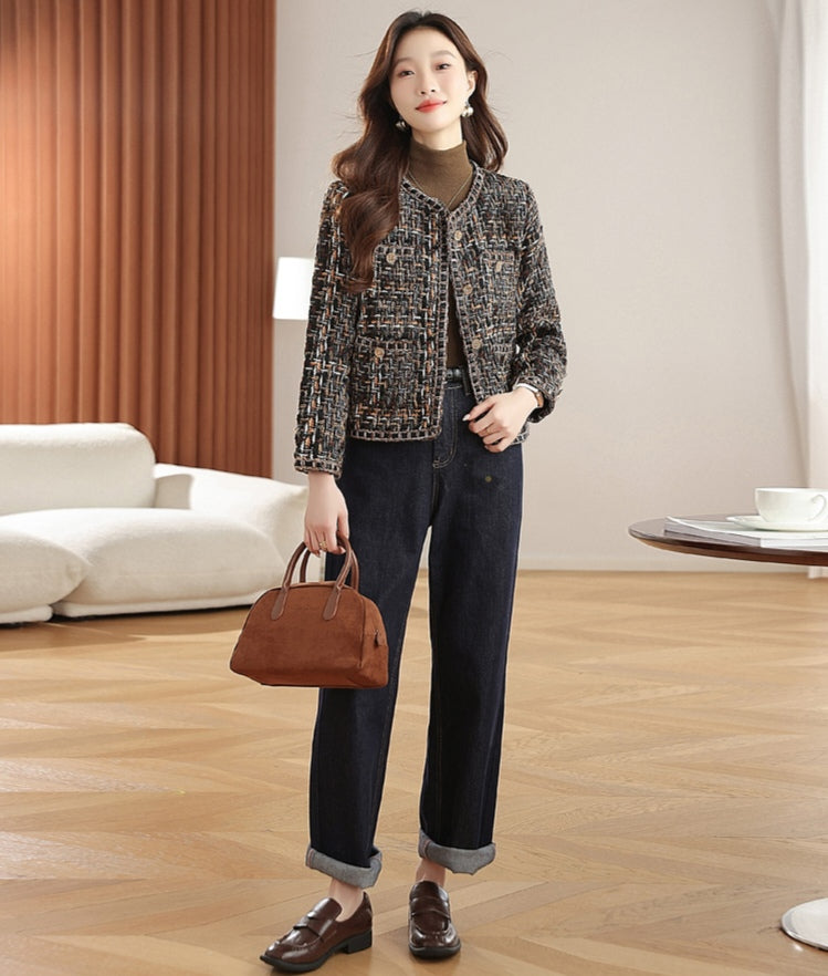 Women's Tweed Bouclé Crop Jacket - Vintage Brown Mix