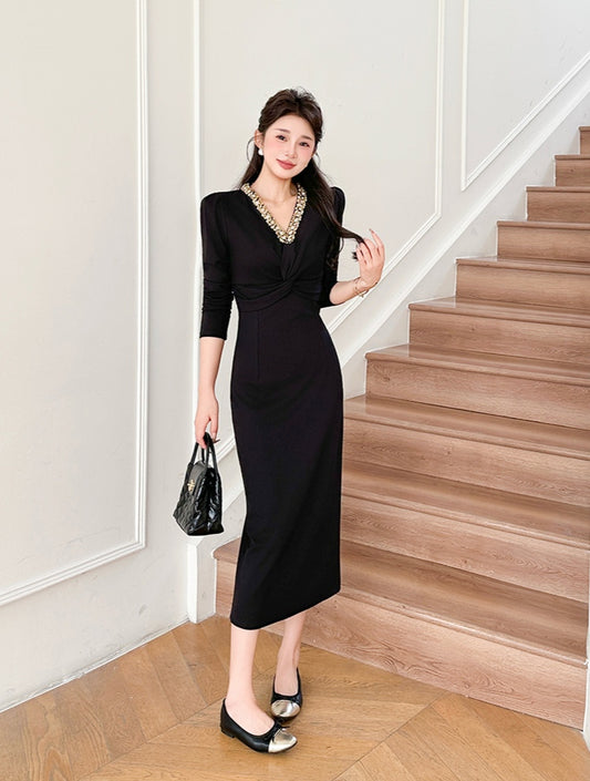Beaded Little Black Midi Dress