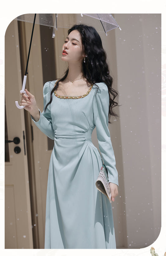 Beaded Square Neck Puff Sleeve Midi Dress