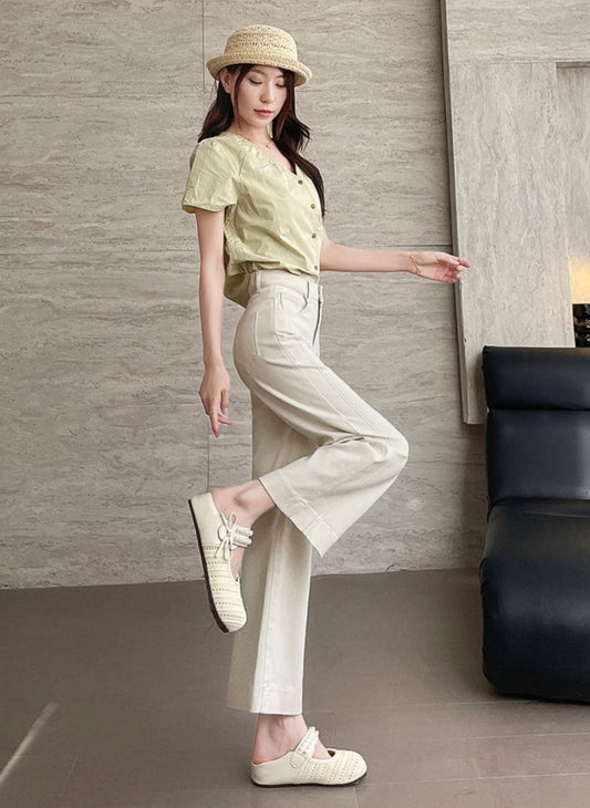 Beige Silk Jeans Drape Loose Elastic Straight Nine-point Trousers