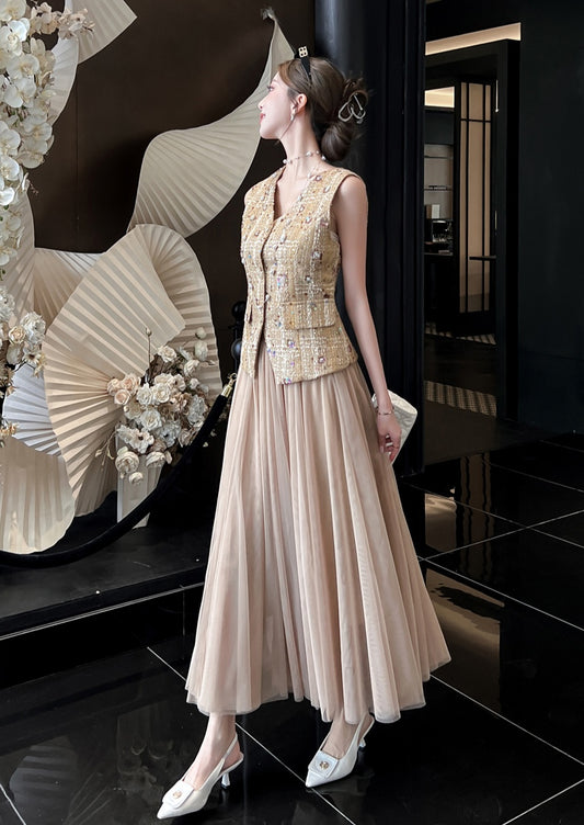 Beige Tweed Vest with Pleated Tulle Skirt