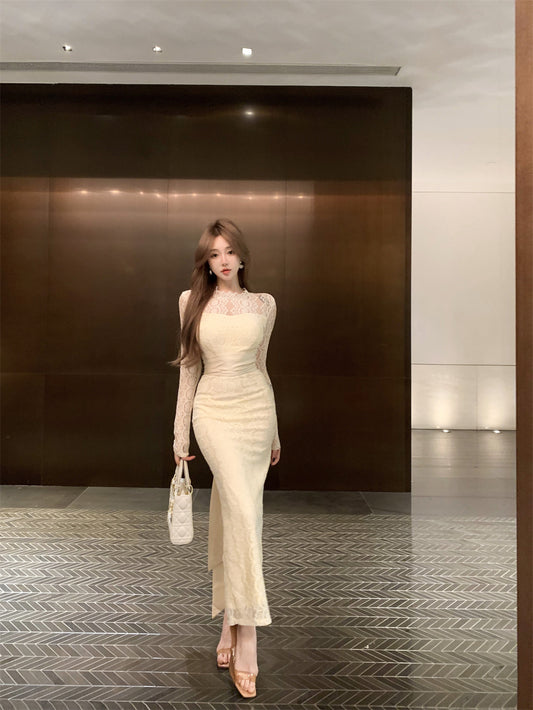 Beige Color Lace Hollow Elegant Fashion Slim Dress