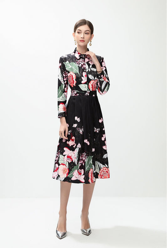 Black Floral Long-sleeved Dress