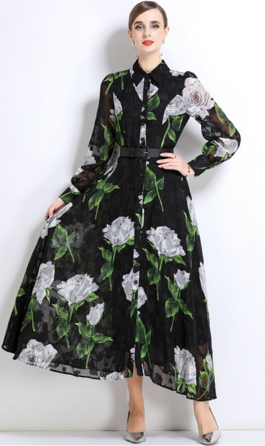 Black Floral Maxi Shirt Dress With White Roses