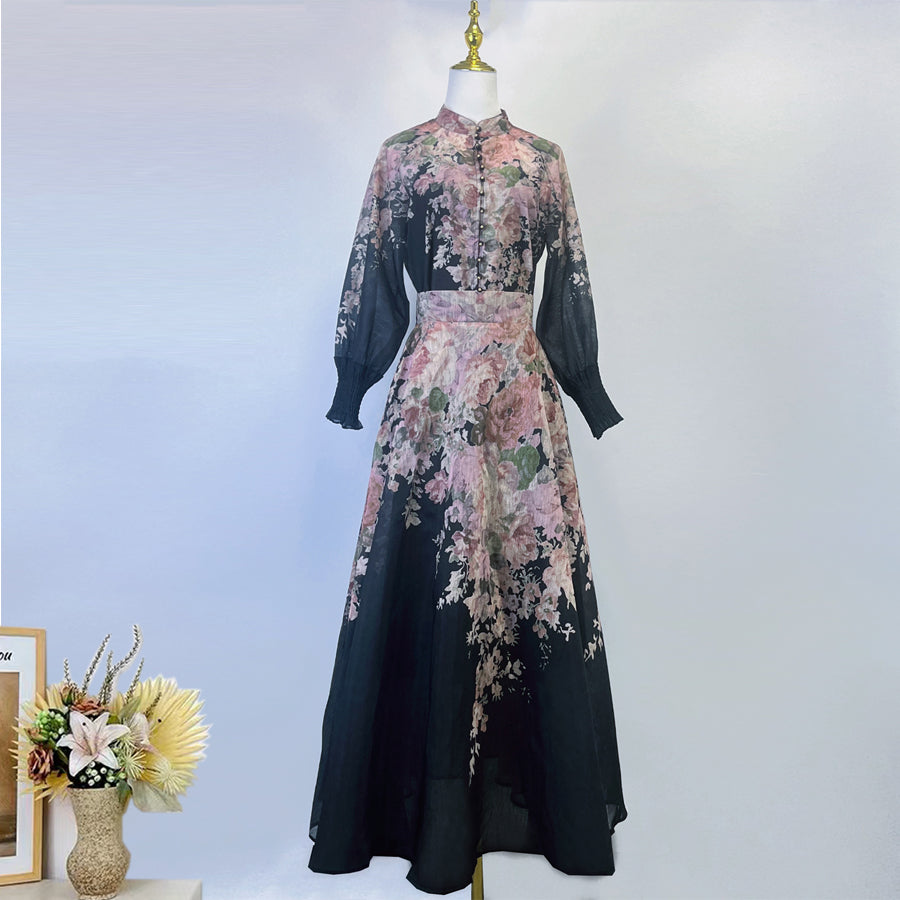 Coral Printed Shirt + High Waist Skirt Two-piece Set