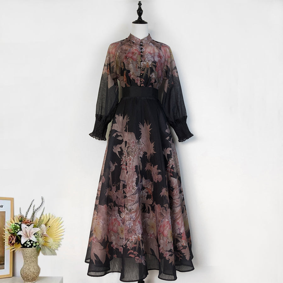 Coral Printed Shirt + High Waist Skirt Two-piece Set