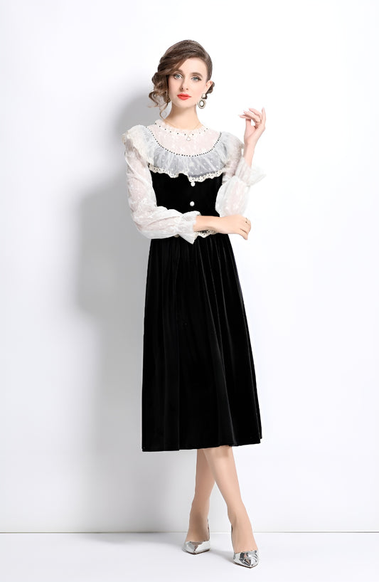 Black Velvet Elegant Retro Long Sleeve Dress