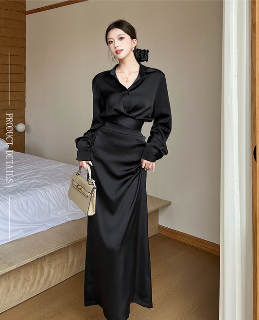 Black High Waisted Satin Skirt and Blouse Set