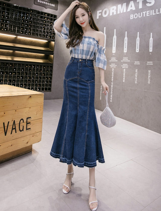 Blue Denim High Waist Mermaid Maxi Skirt