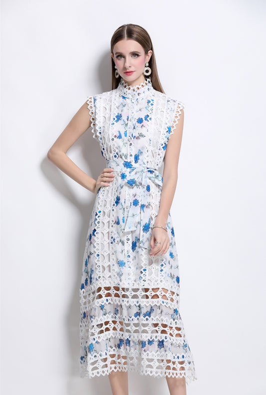 Blue Floral Hollow Lace Mid-length Dress
