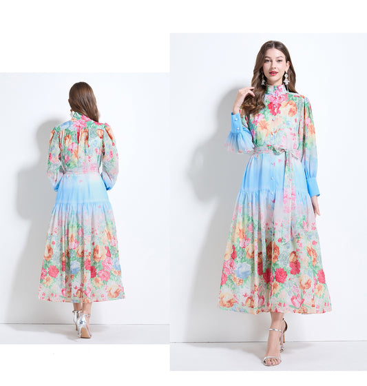 Blue Floral Long-sleeve Chiffon Dress