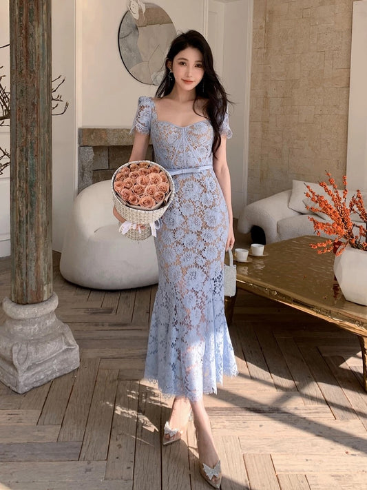 Bluish Square Neck Lace Dress