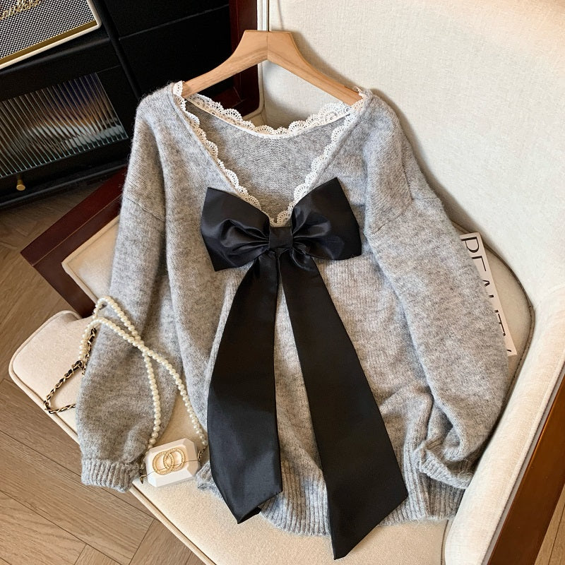 Bowknot Backless V-neck Loose Sweater For Women