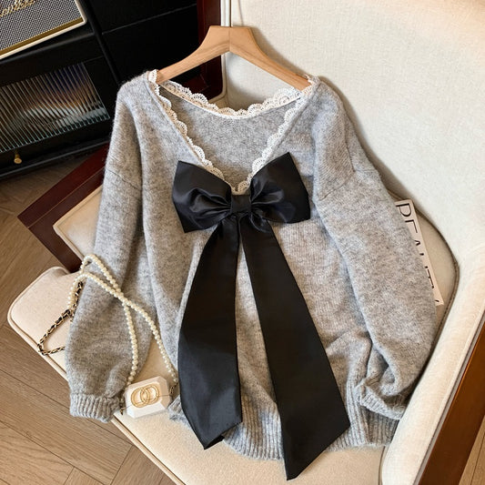 Bowknot Backless V-neck Loose Sweater For Women
