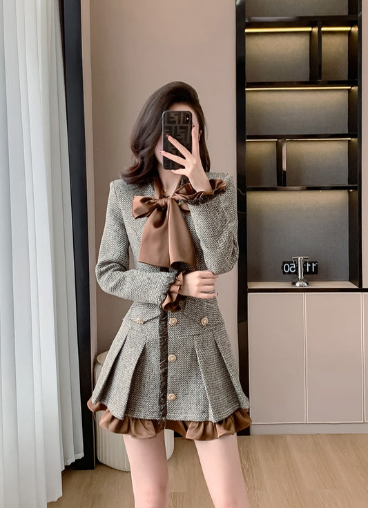 Brown and Gray Tweed Button-Front Dress with Satin Bow Tie and Ruffles