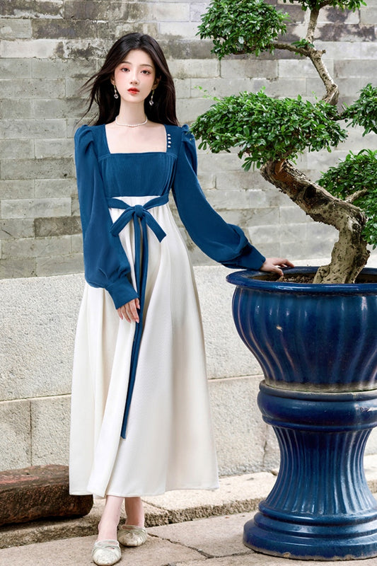 Chic Cottagecore Blue and White Dress