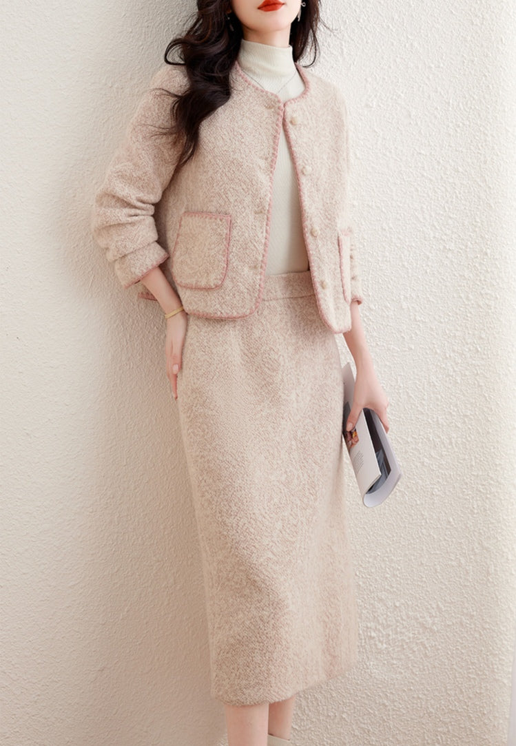 Chic Tweed Round Neck Cropped Jacket & Midi Pencil Skirt