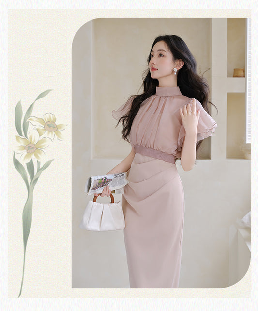 Chiffon Ruffle Sleeve High Neck Dress