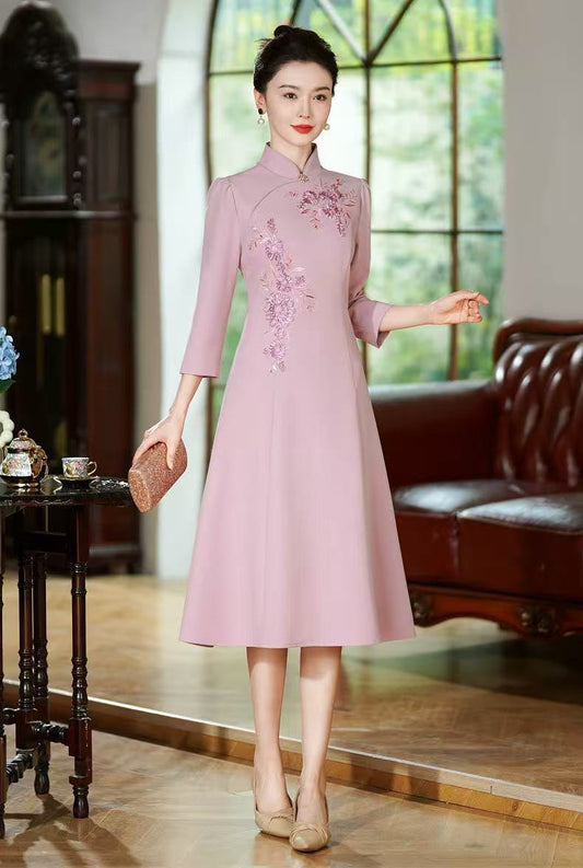 Chinese Qipao Dress with Floral Embroidery