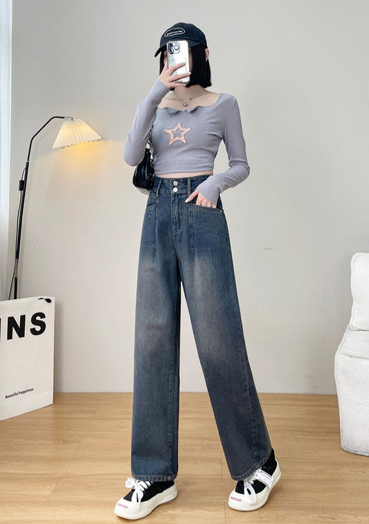 Dark Blue High-Waisted Wide Leg Jeans with Faded Wash for Women - Loose Fit Denim