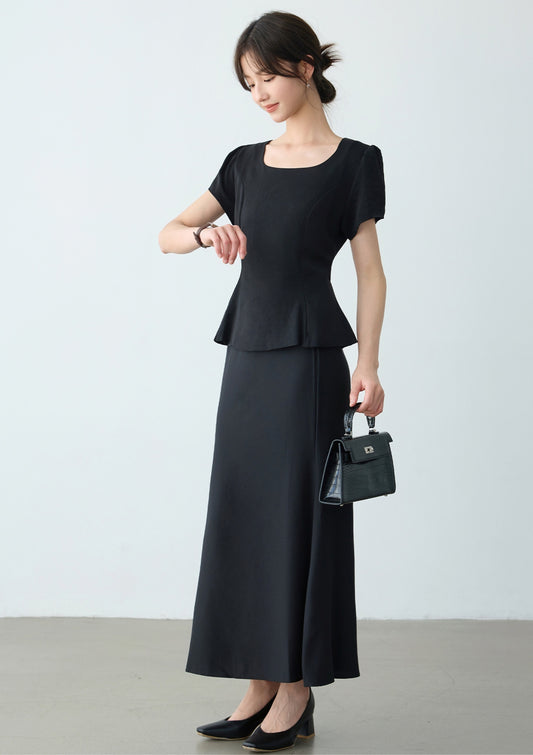 Elegant Black Peplum Top and Maxi Skirt Set
