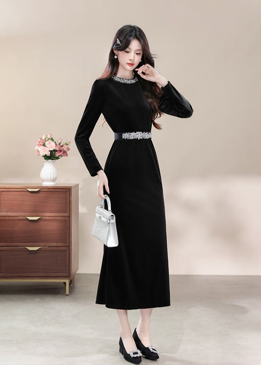 Elegant Black Velvet Dress with Rhinestone Accents and Long Sleeves