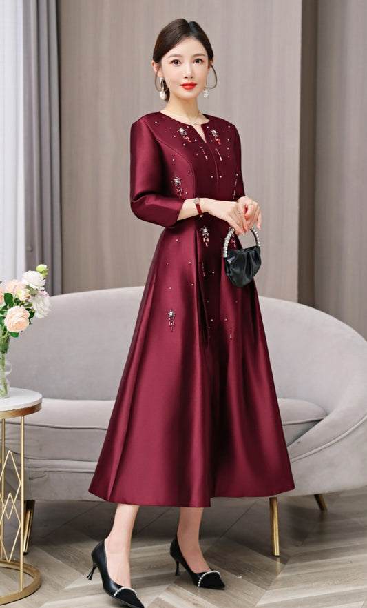 Elegant Burgundy Midi Dress with Beaded Details