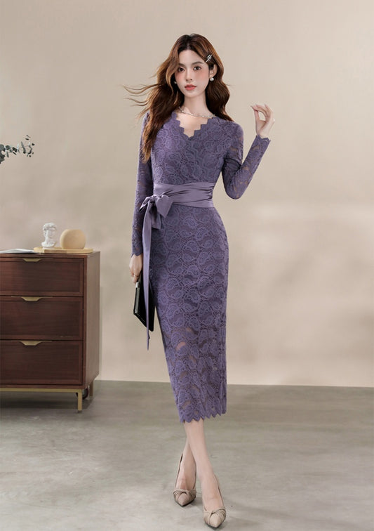 Elegant Cocktail Lace Sheath Dress with V-Neck and Sash Belt