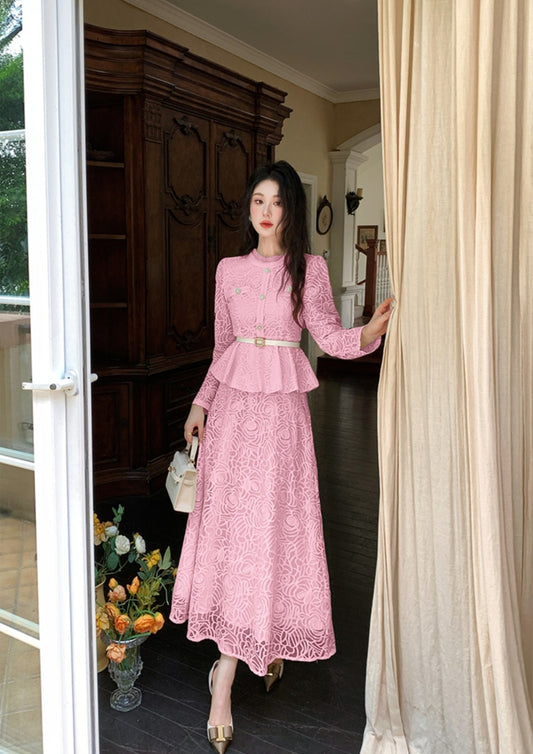 Elegant Floral Lace Matching Top & Skirt Outfit