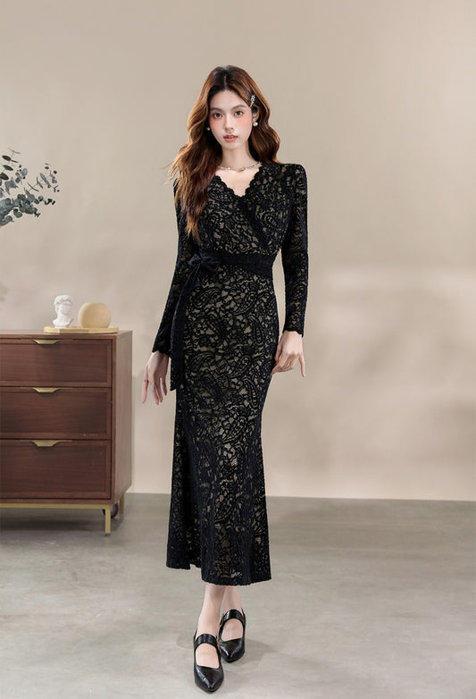 Elegant Lace Formal Wrap Dress Long Sleeve Midi Cocktail Gown