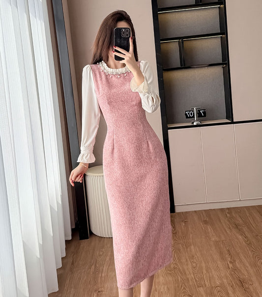 Elegant Pink Pearl Collar Midi Dress
