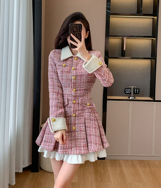 Elegant Pink Tweed Pleated Skirt Dress with Shirt Collar and Cuff Trim