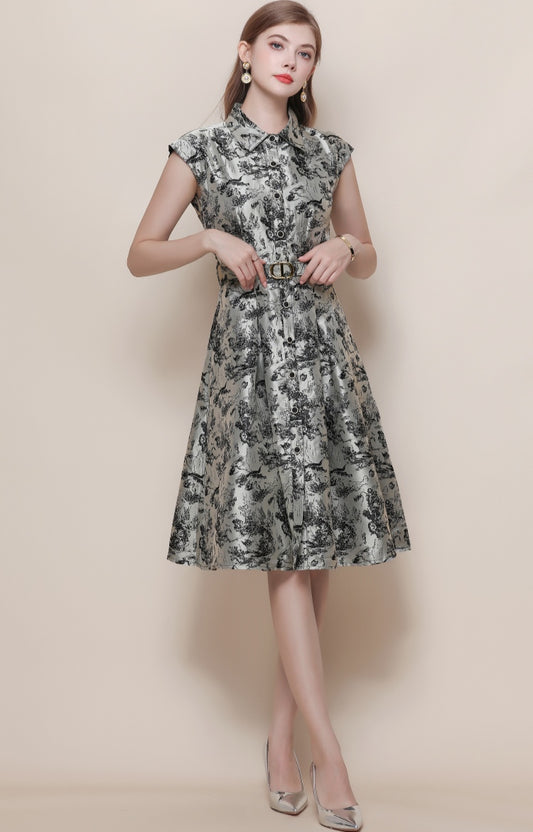 Elegant Taffeta Toile Print Cocktail Dress - Collared A-Line Midi