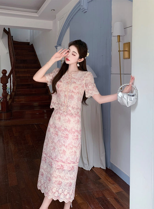 Embroidered Lace Fashionable Top + Skirt Two-piece Set