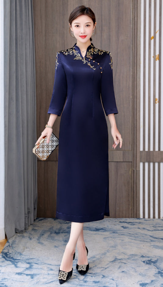 Embroidered Navy Blue Cheongsam Dress
