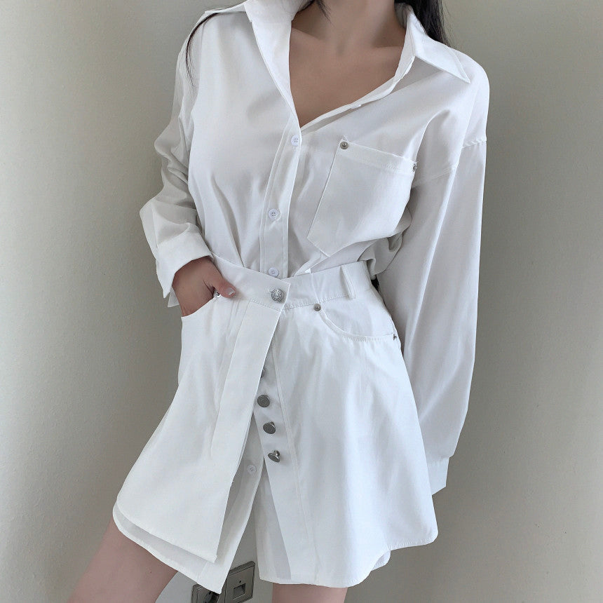 Fake Two-piece Splicing Lapel Long-sleeved Shirt-style Dress